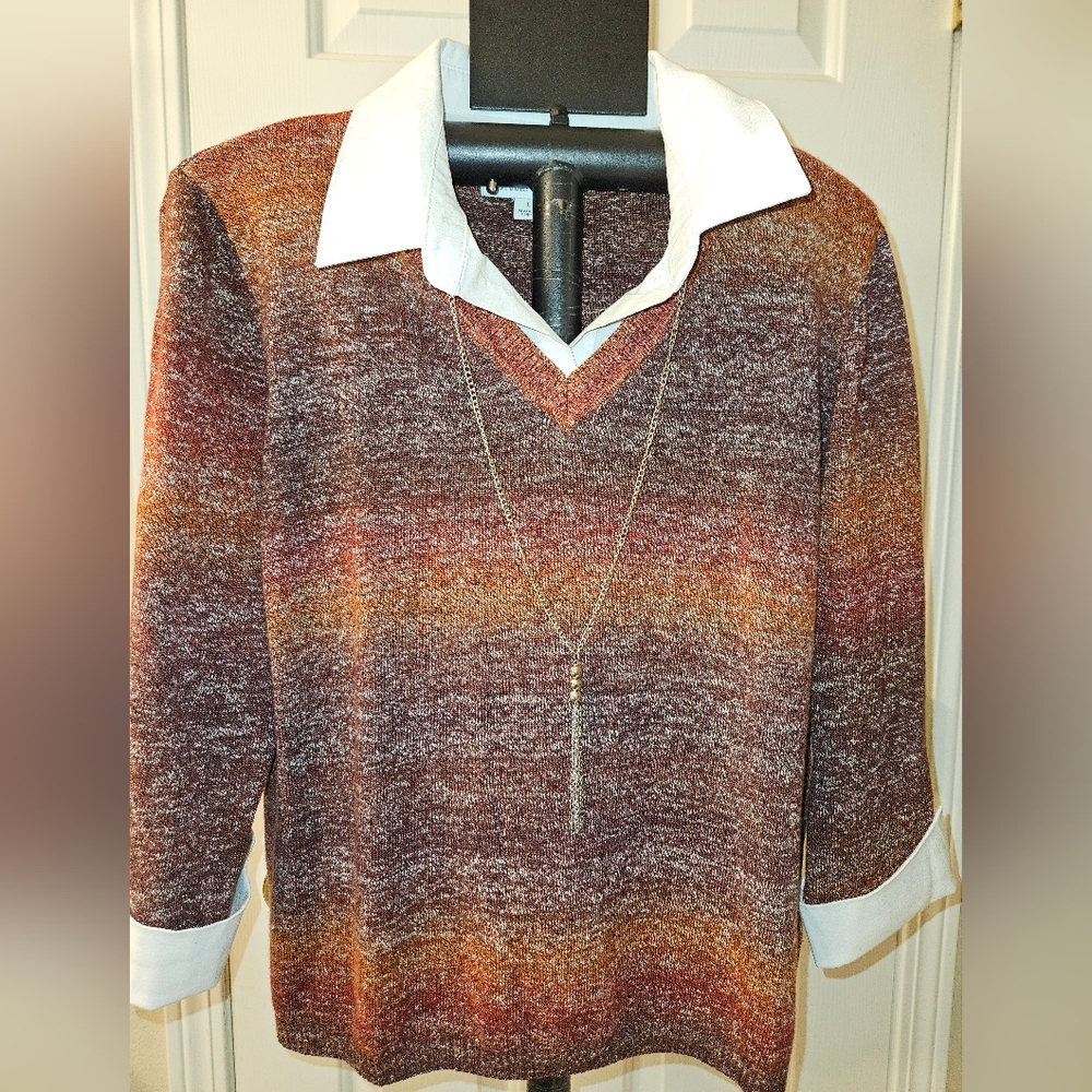 Studio Works V-Neck Faux Layered Sweater Blouse w Detachable Jewelry sz L